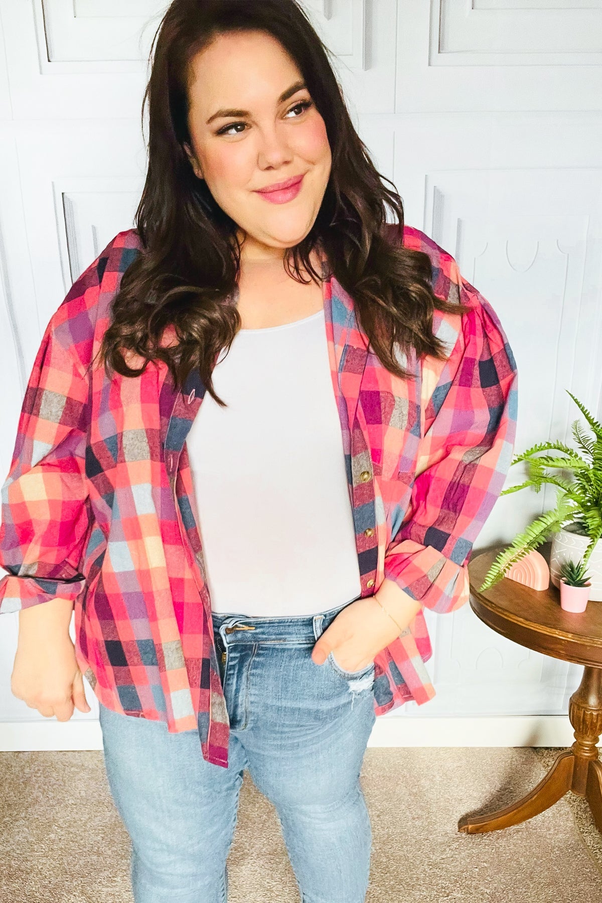 Check It Out Washed Plaid Button Up Top