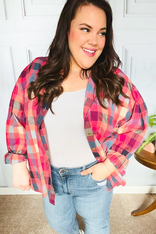 Check It Out Washed Plaid Button Up Top