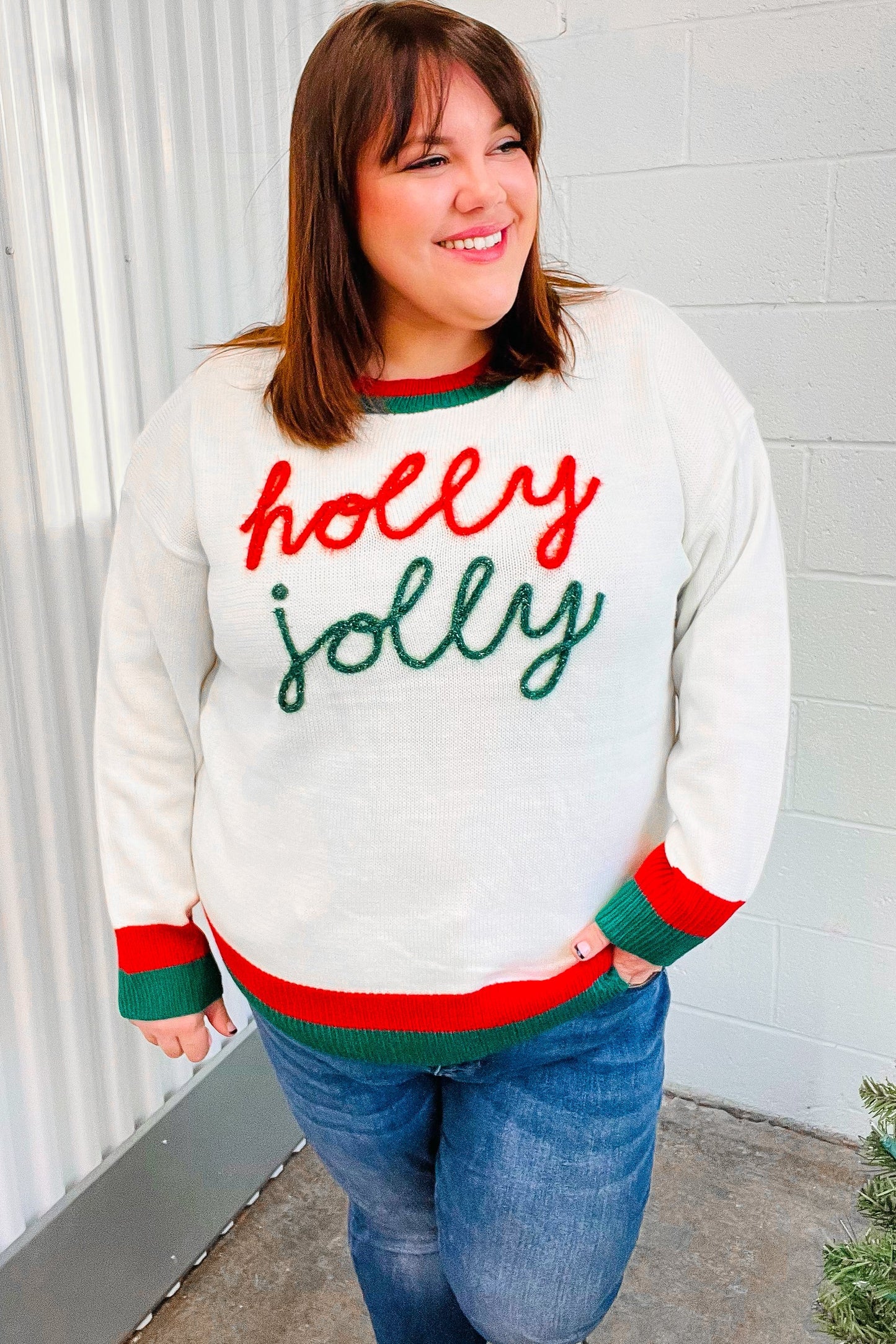 Hohoho Red & Green "Holly Jolly" Lurex Embroidered Sweater