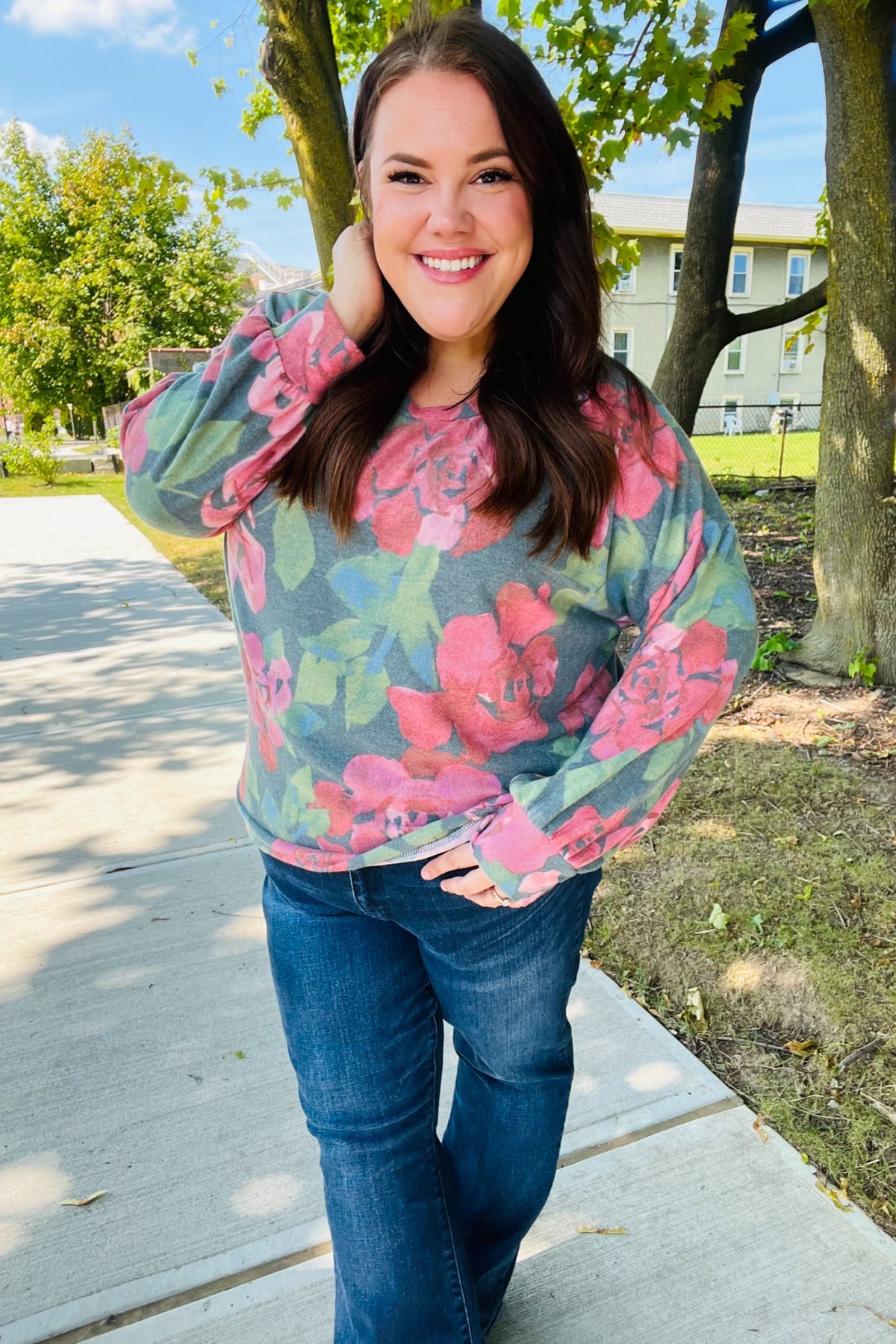 Everyday Hunter Green Floral Brushed Sweater Top