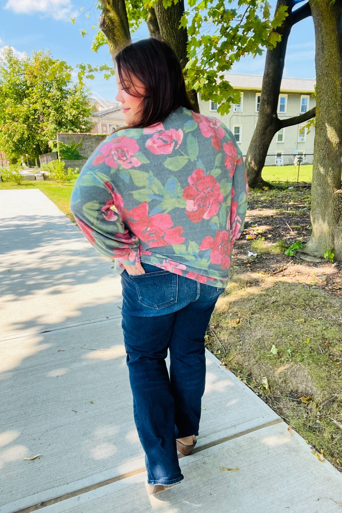 Everyday Hunter Green Floral Brushed Sweater Top