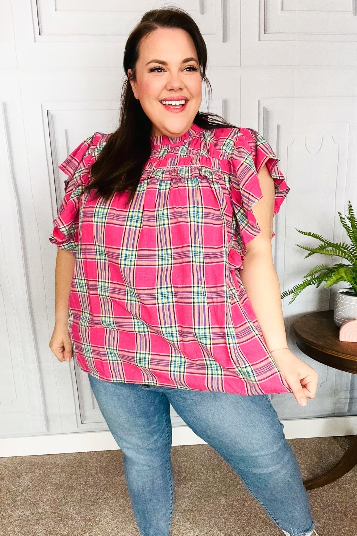 Fuchsia Plaid Flutter Sleeve Top