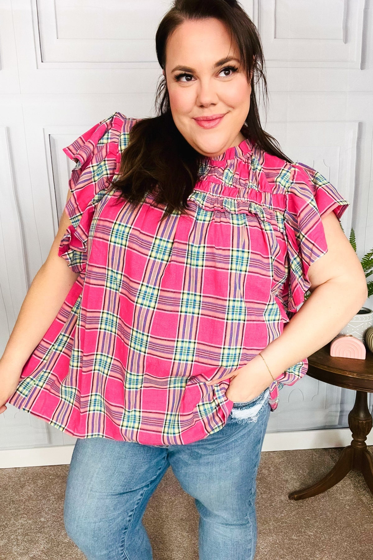 Fuchsia Plaid Flutter Sleeve Top