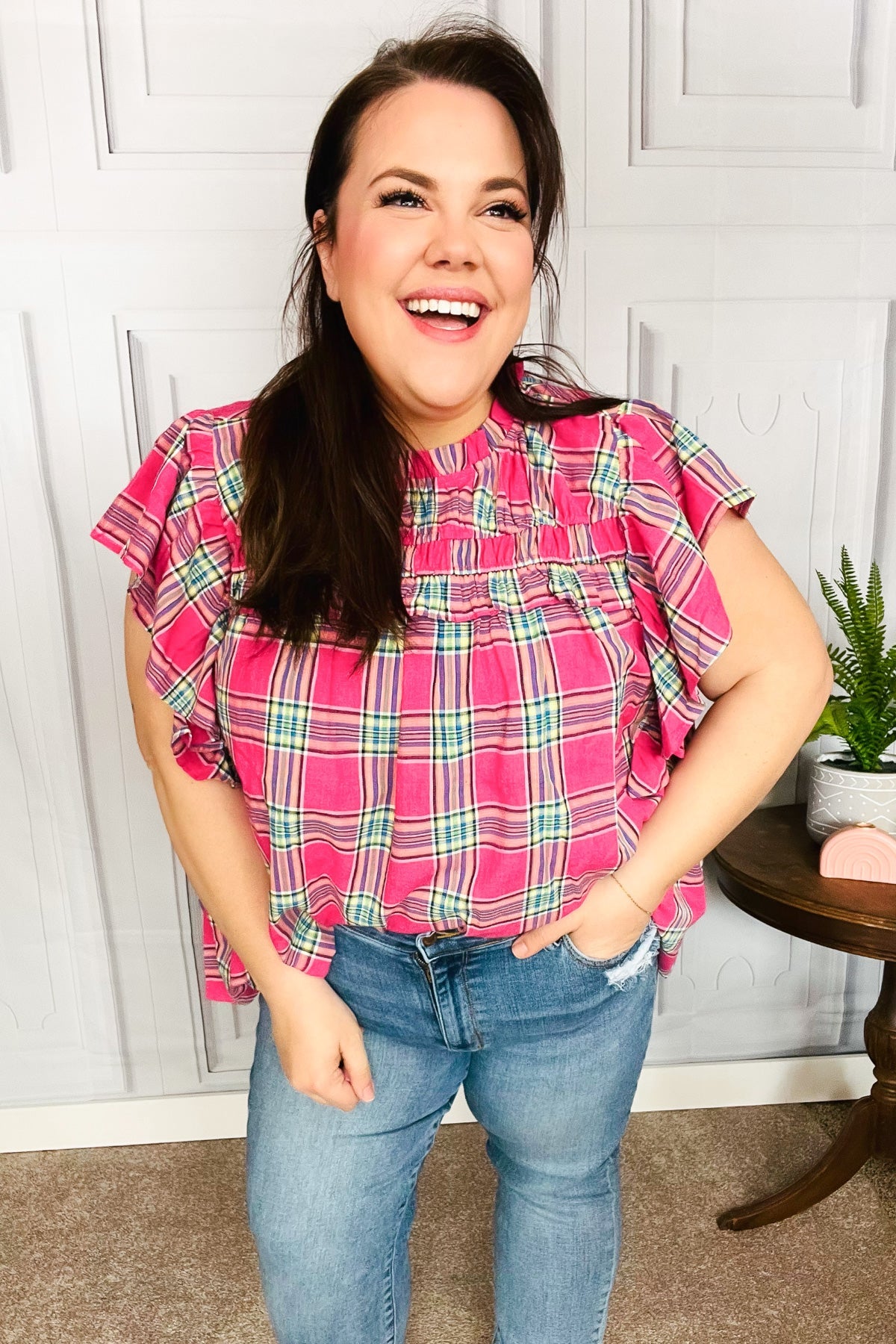 Fuchsia Plaid Flutter Sleeve Top