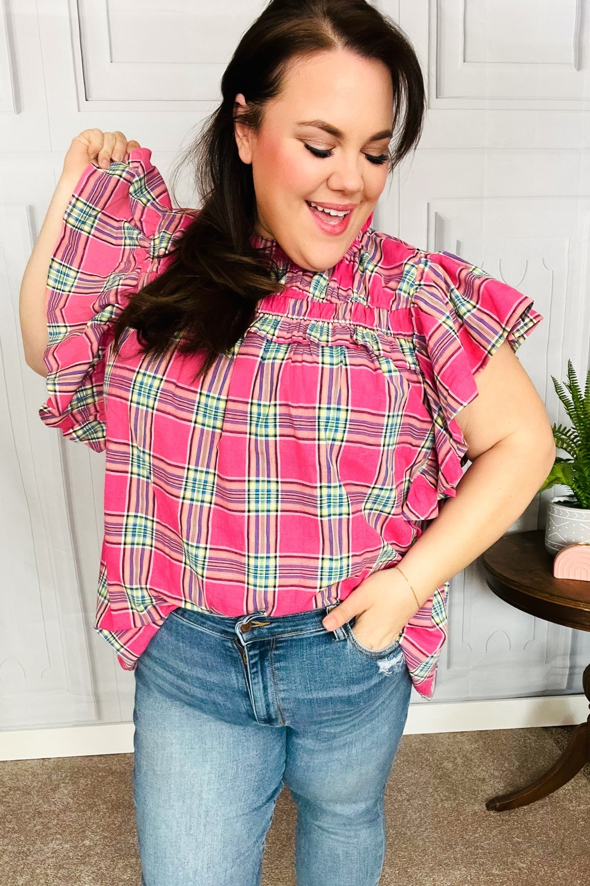 Fuchsia Plaid Flutter Sleeve Top