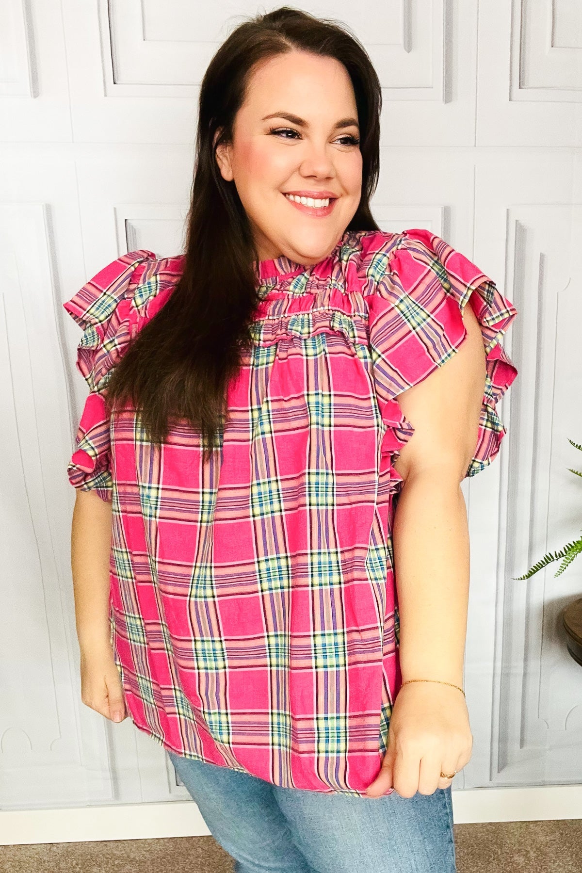 Fuchsia Plaid Flutter Sleeve Top