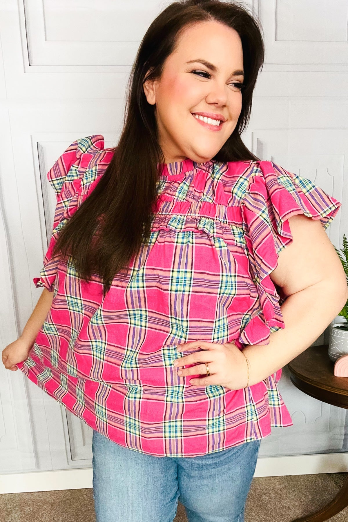 Fuchsia Plaid Flutter Sleeve Top