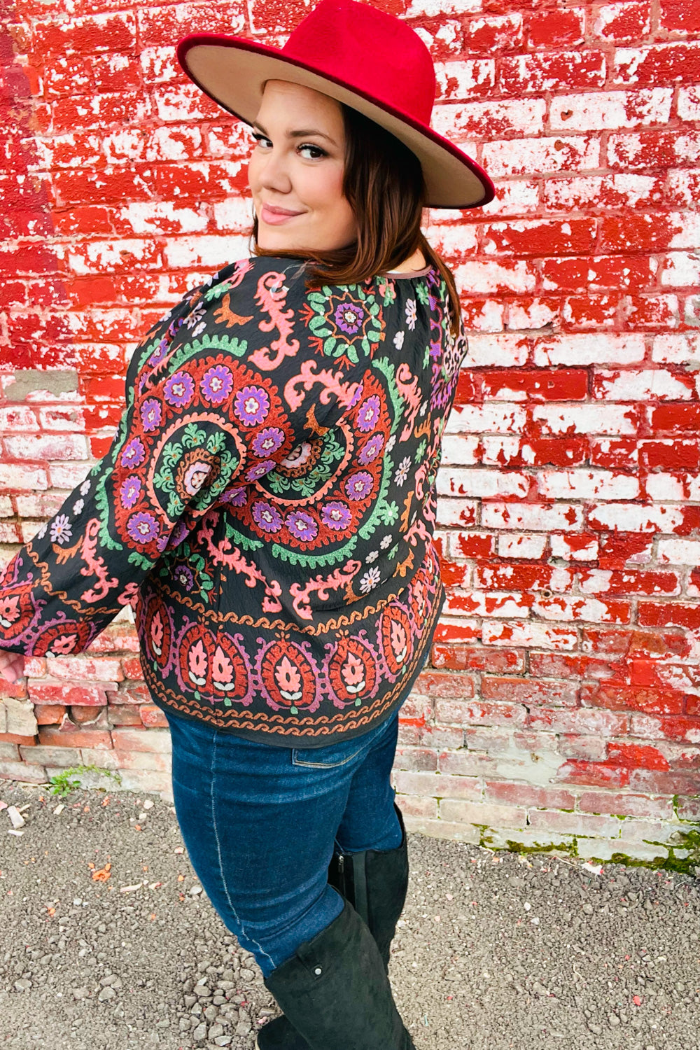Black & Mauve Border Print Keyhole Tie Top
