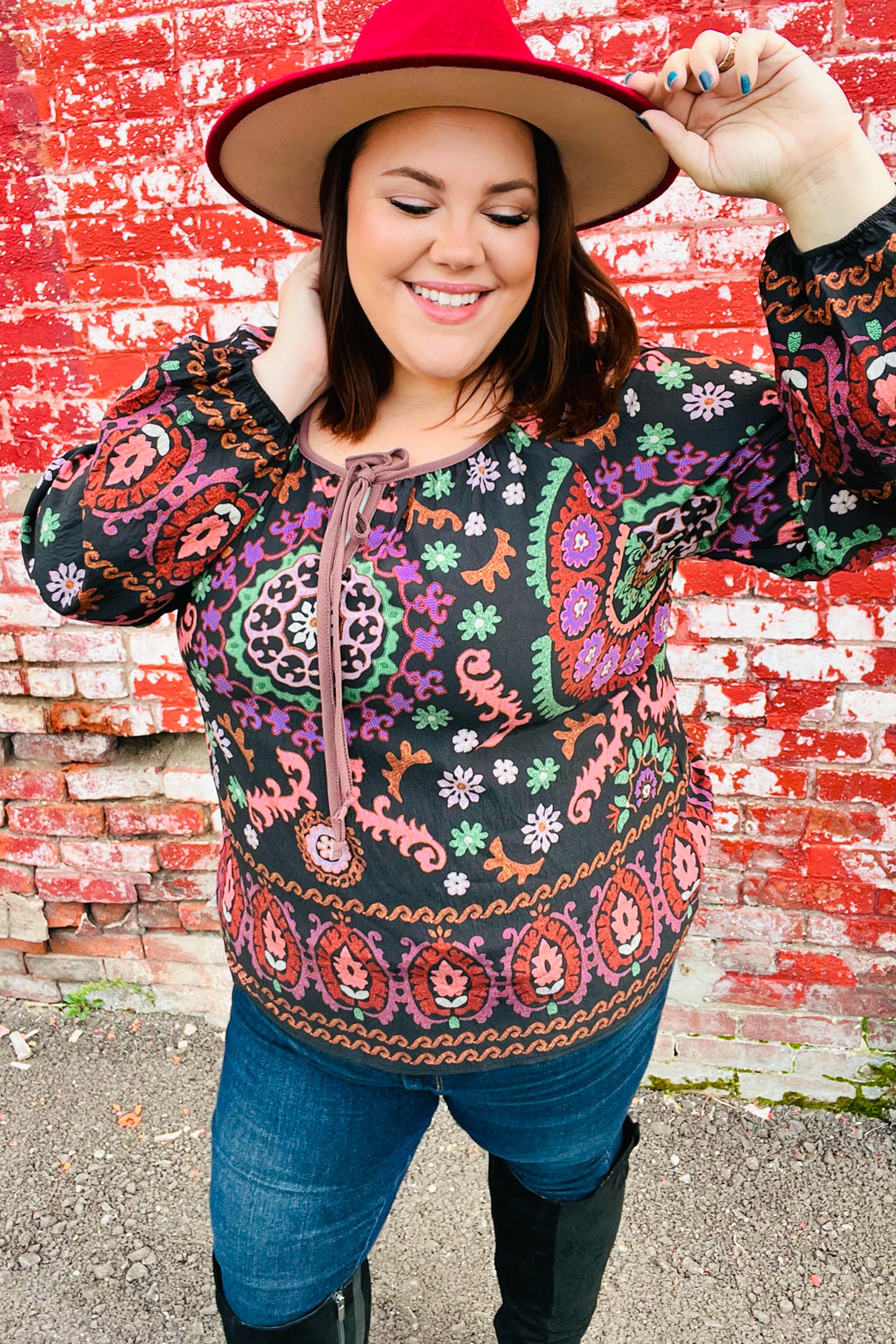 Black & Mauve Border Print Keyhole Tie Top