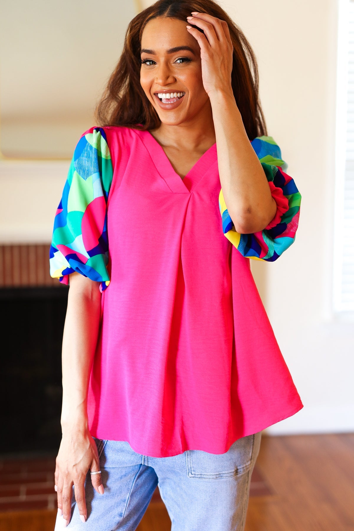 Tell Your Story Fuchsia Geo Print Puff Sleeve Top