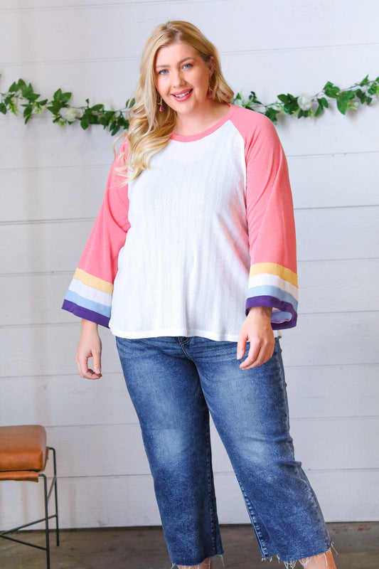 Pink Pointelle Color Block Pullover