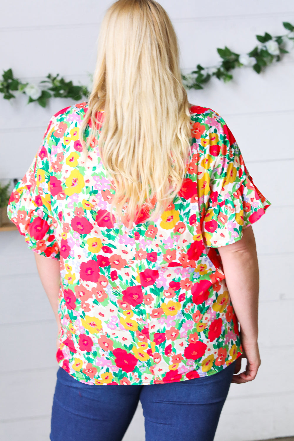 Red Floral Ruffle Frill Sleeve Blouse