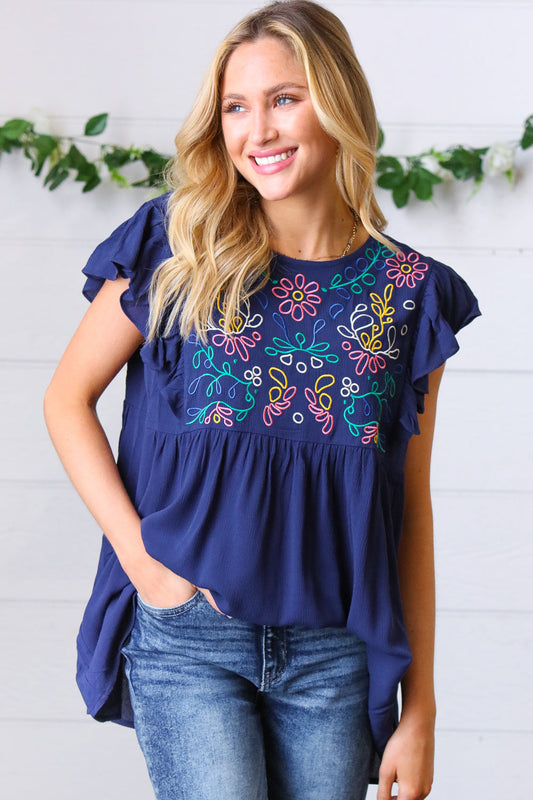 Navy Floral Flutter Sleeve Top