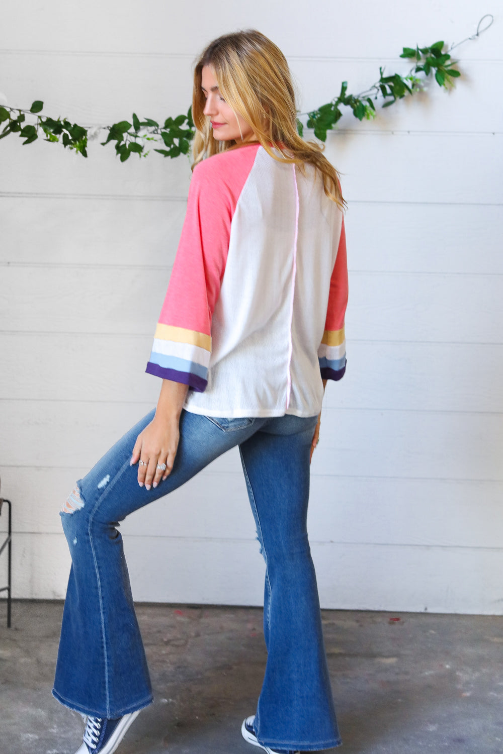 Pink Pointelle Color Block Pullover