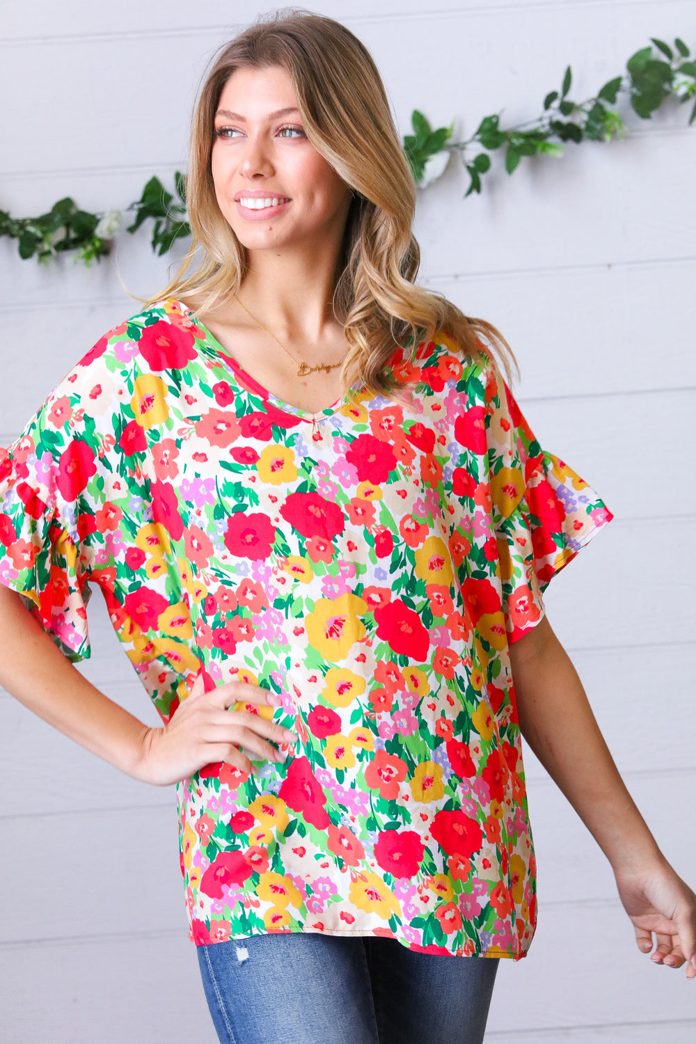 Red Floral Ruffle Frill Sleeve Blouse