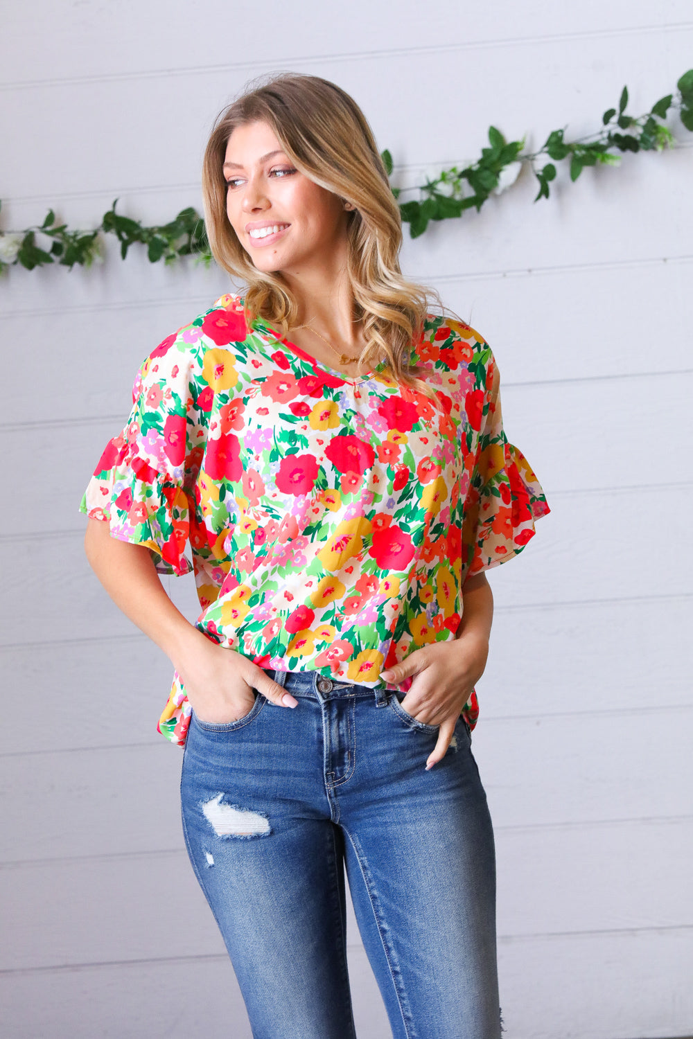 Red Floral Ruffle Frill Sleeve Blouse