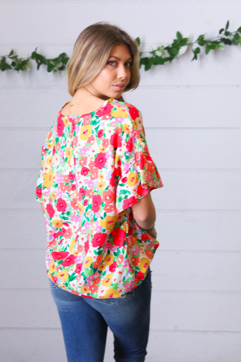 Red Floral Ruffle Frill Sleeve Blouse