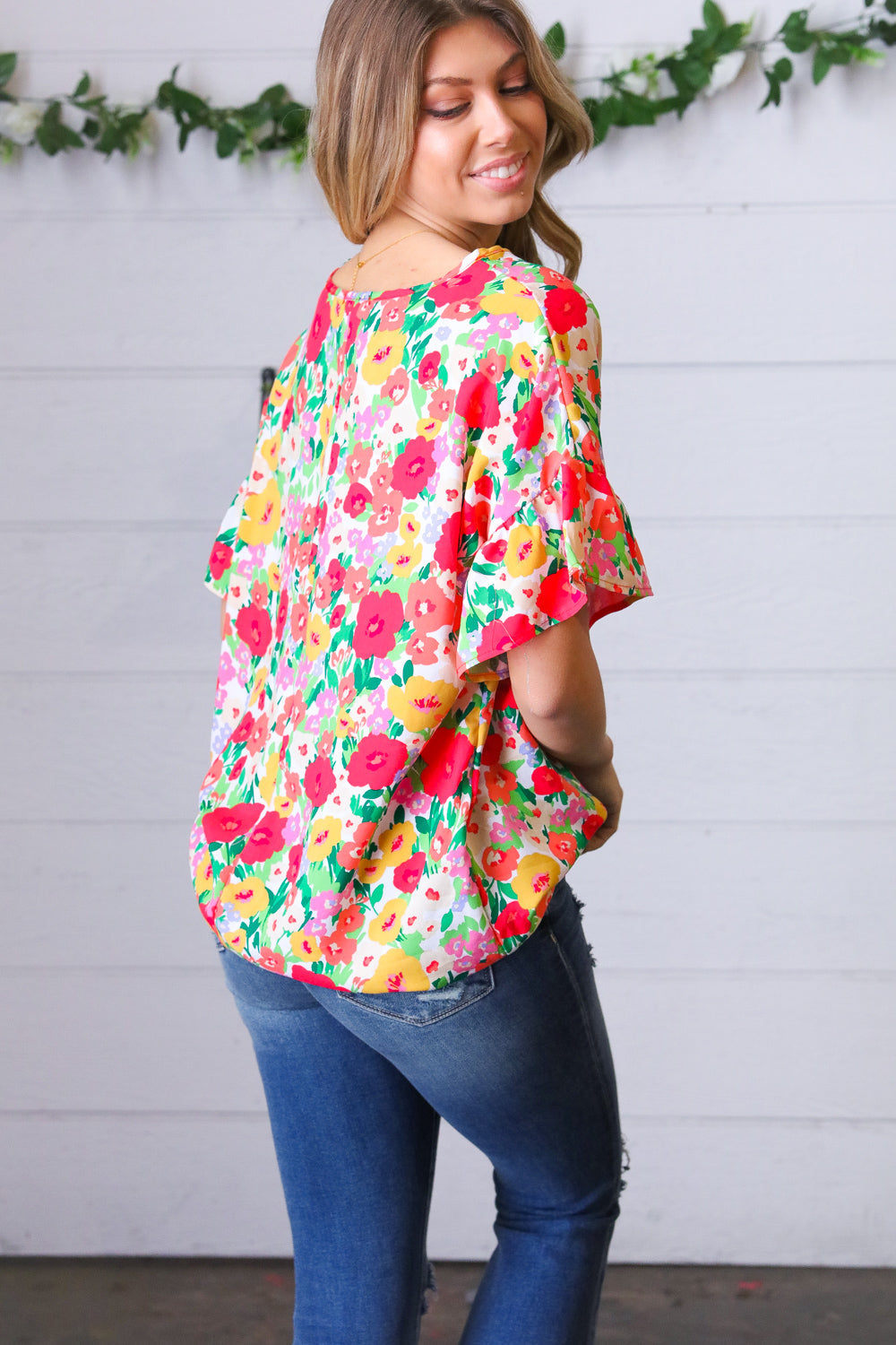 Red Floral Ruffle Frill Sleeve Blouse