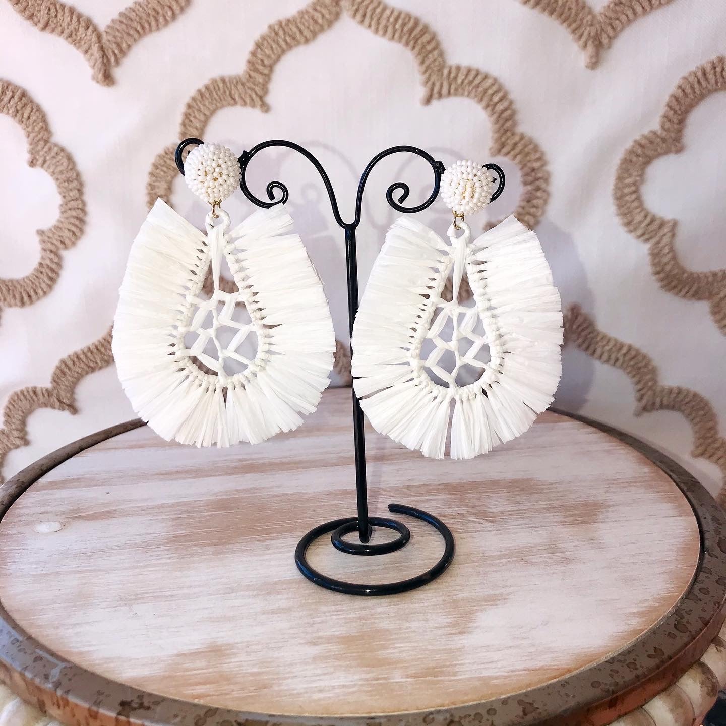 White Beaded Circle Raffia Fan Earring